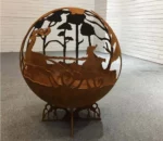 Corten Steel World Map Round Fire Ball Wood