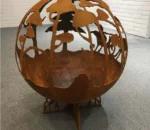 Corten Steel World Map Round Fire Ball Wood