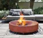 Corten Steel World Map Round Fire Ball Wood