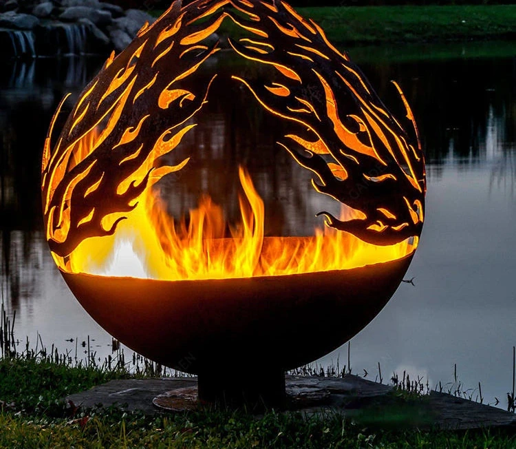 Corten Steel Outdoor Fire Pit with Spherical Balls Fire Ball Garden Ornament