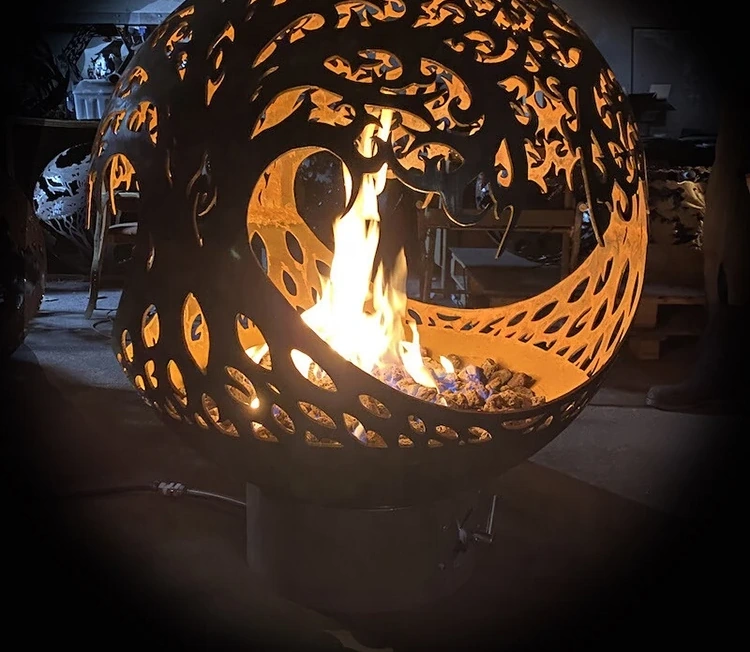 Metal Propane Fire Sphere Tree of Life Outdoor Spherical Garden Decorate Corten Steel Fire Pit Sphere for Garden Heating