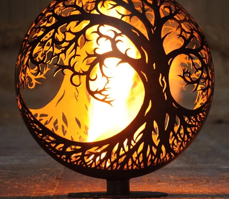 Metal Propane Fire Sphere Tree of Life Outdoor Spherical Garden Decorate Corten Steel Fire Pit Sphere for Garden Heating