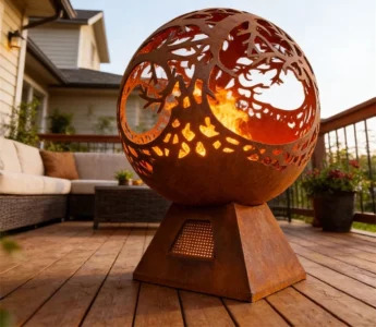 Laser Cut Custom Patterns Corten Steel Freestanding Modern Eco-Friendly Powder Coated Hollow Sphere Metal Fire Pit