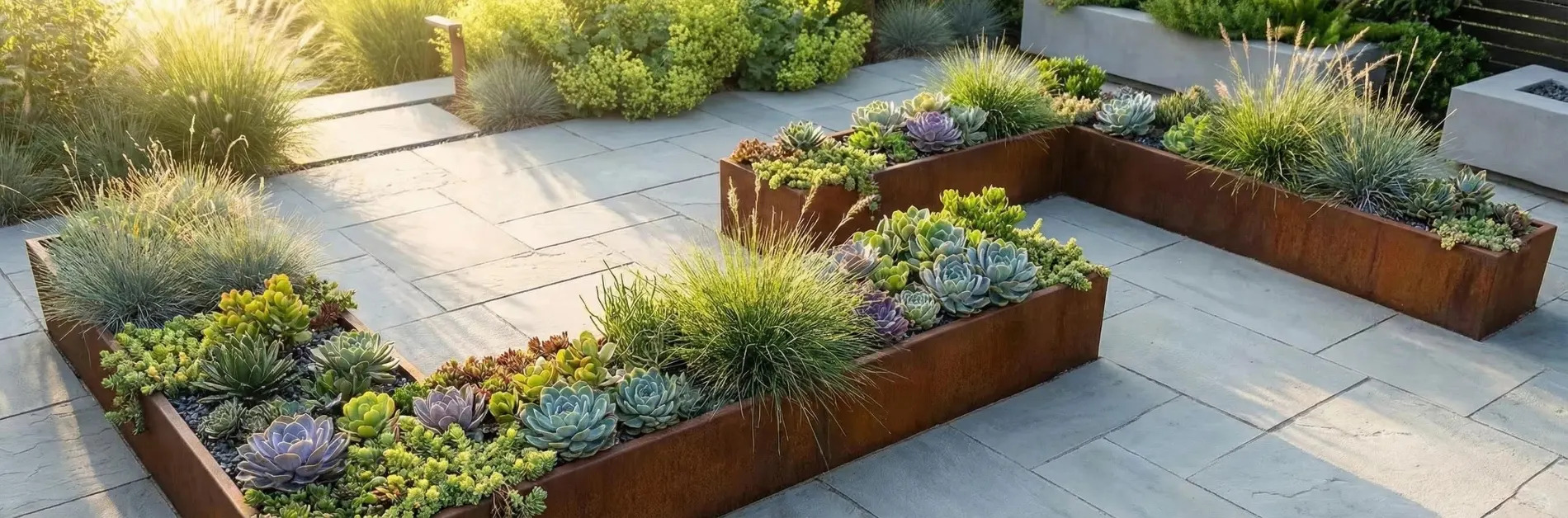 Corten steel planter boxes in garden setting from media library