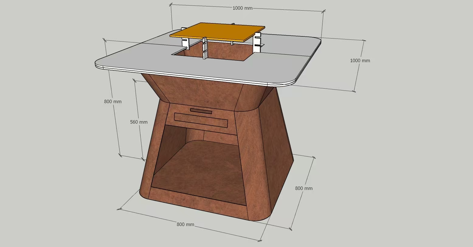 Corten steel fire pit fabrication drawing with side table and dimension annotations