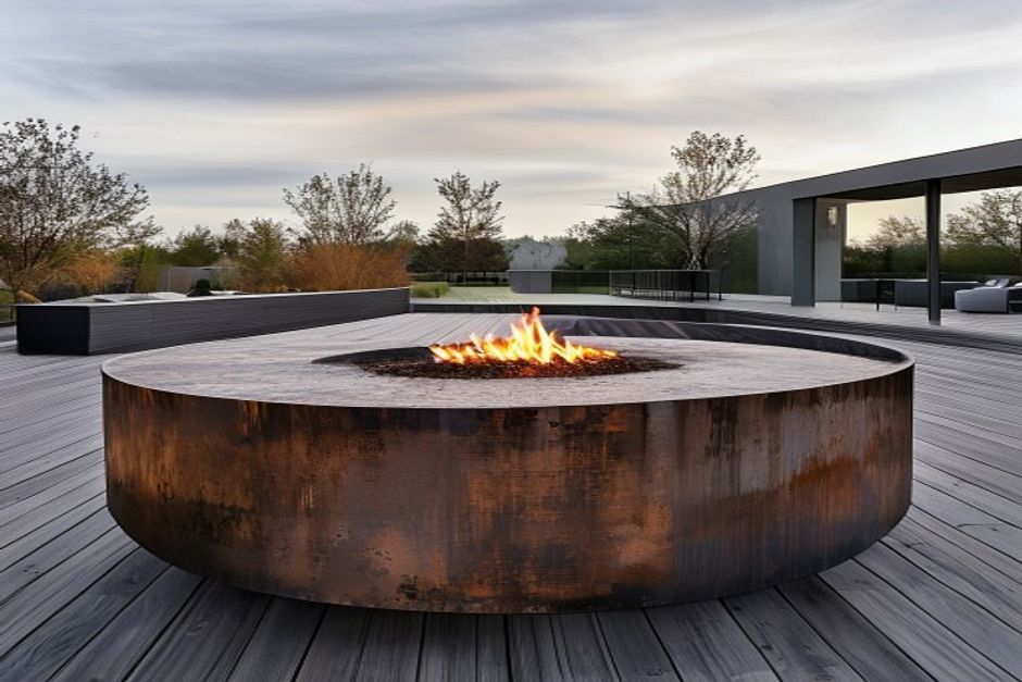 Commercial corten steel fire pit on an outdoor hotel terrace