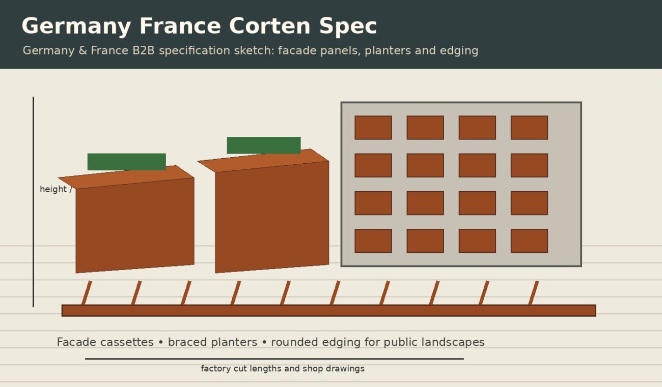 Germany & France corten steel facade panels, planters and edging technical specification illustration