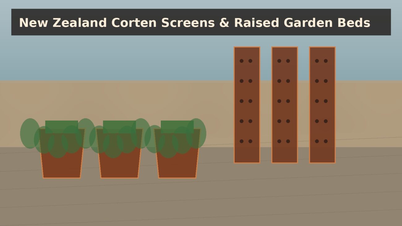 New Zealand corten screens and raised garden beds coastal landscape image