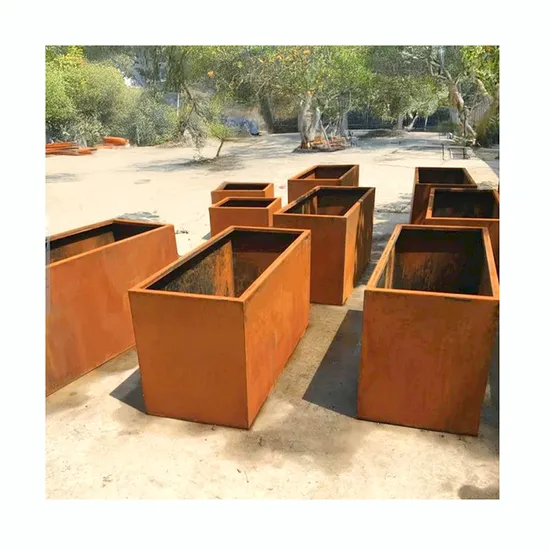 Rectangular weathering steel planters staged outdoors for custom project sourcing