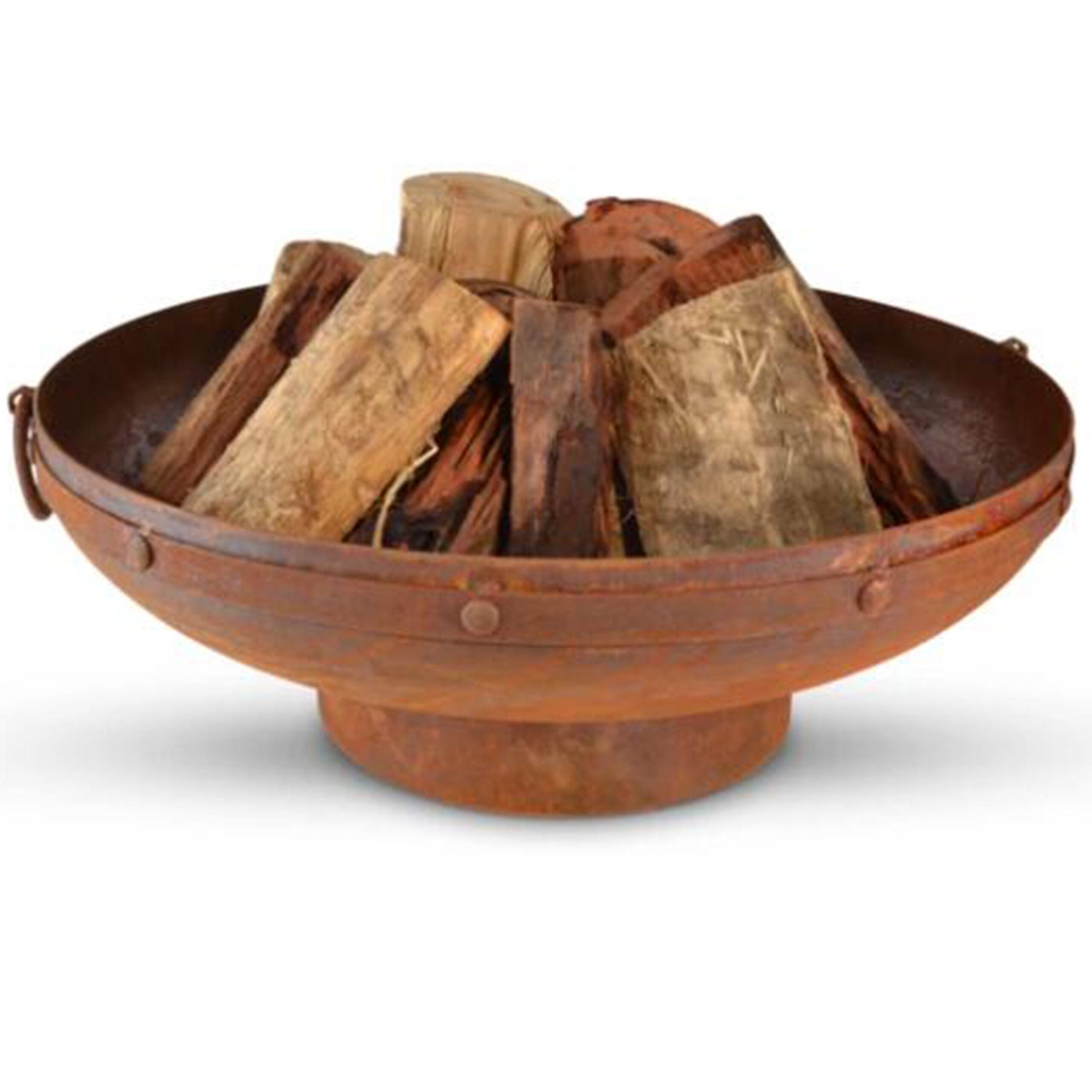 Round weathering steel fire bowl with logs