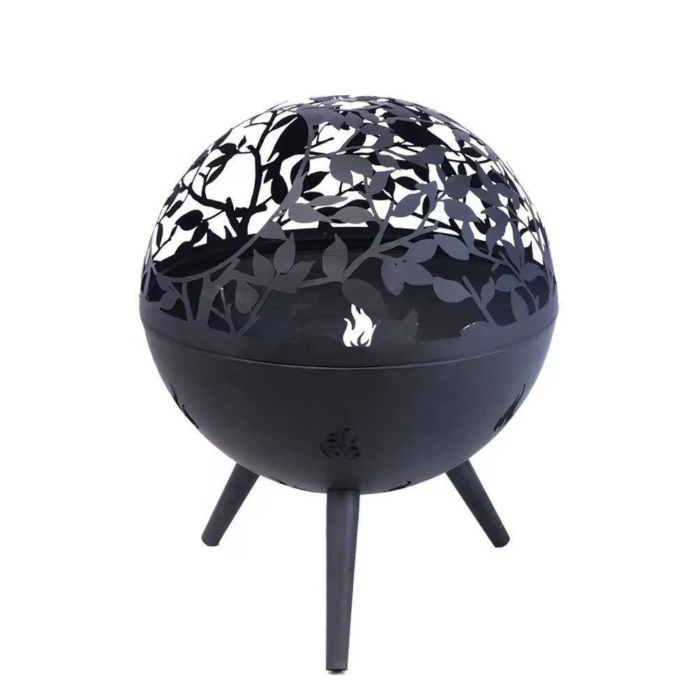 Decorative metal fire ball for outdoor fire pit projects