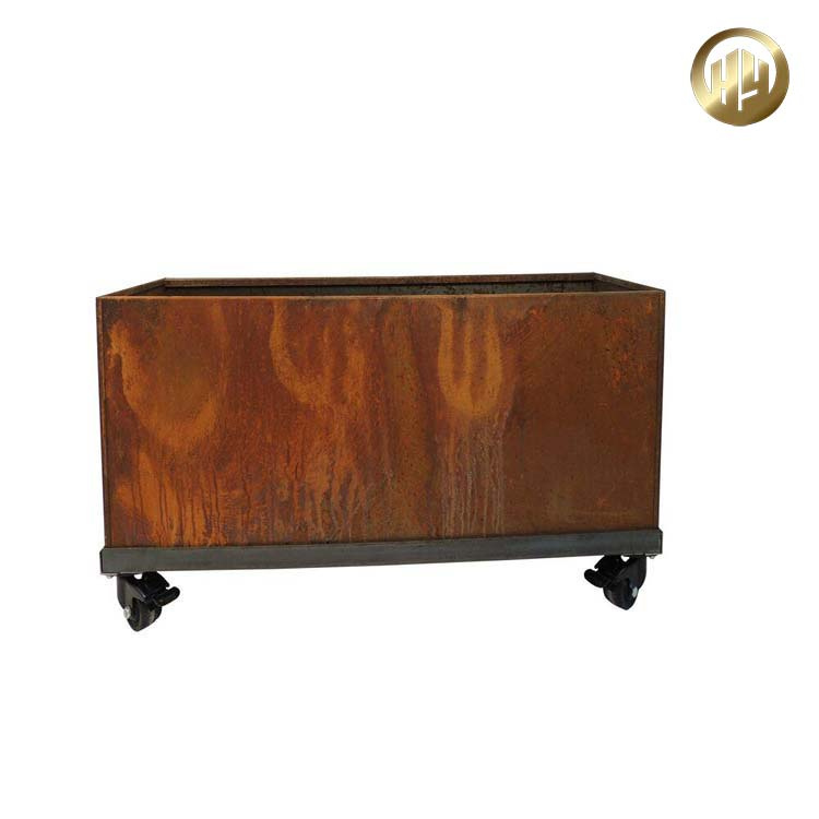Rectangular corten steel planter with wheeled base