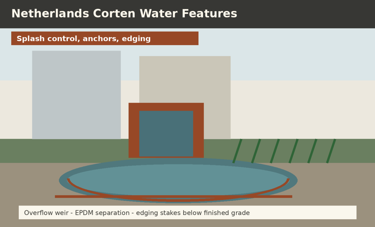 Corten steel water feature and landscape edging for Netherlands public realm with overflow and anchor details