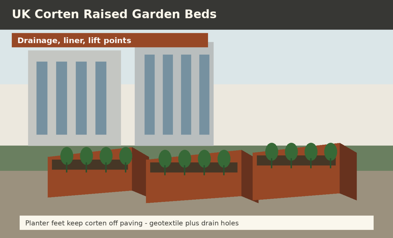 Corten steel raised garden beds for UK commercial courtyard specification with drainage and liner details