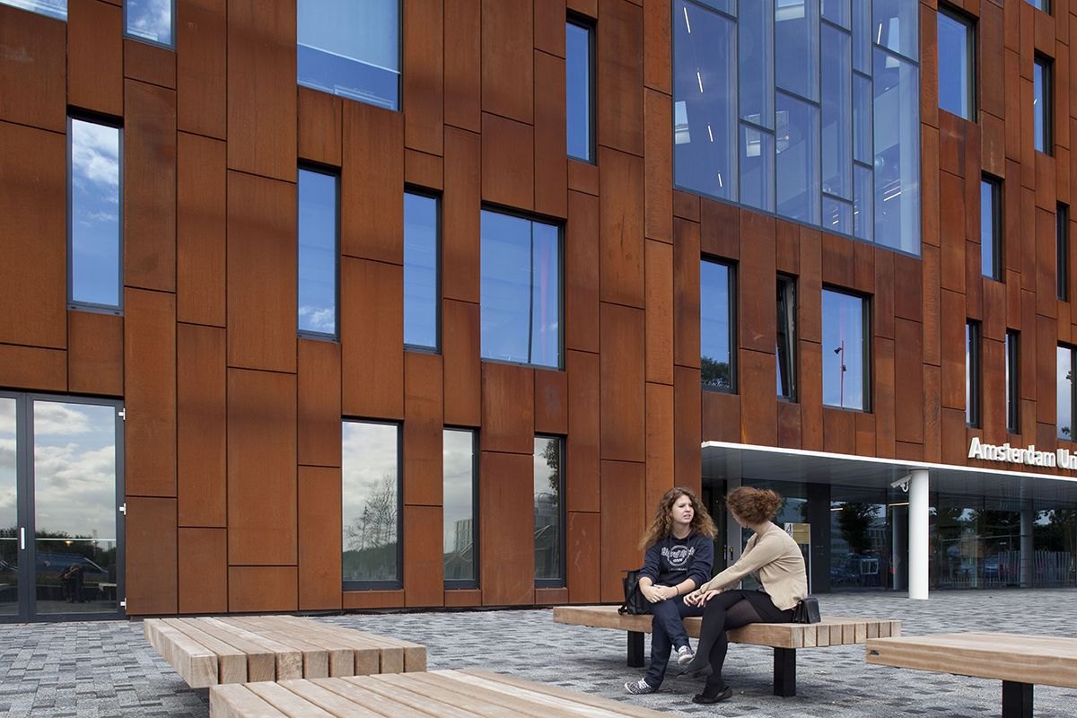 Real Amsterdam weathering steel architectural facade panels on a university building
